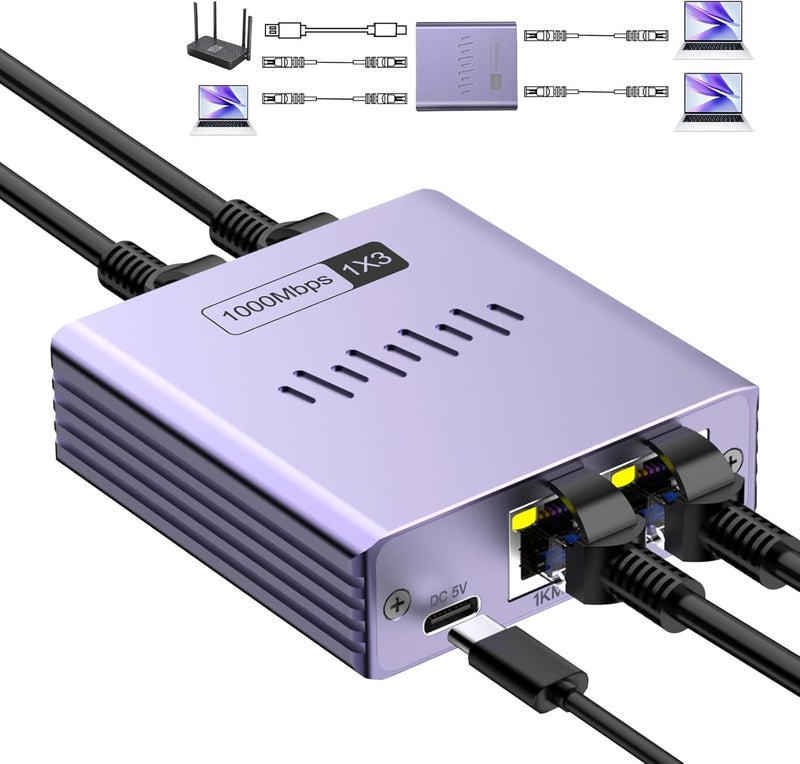 Denlane موزع إيثرنت 1 إلى 3، 1000 ميجابت في الثانية، هيكل من سبائك الألمنيوم، منفذ RJ45، يدعم Cat5/5e/6/7/8، متوافق مع الكمبيوتر المكتبي/اللاب توب/الطابعة - Image 1